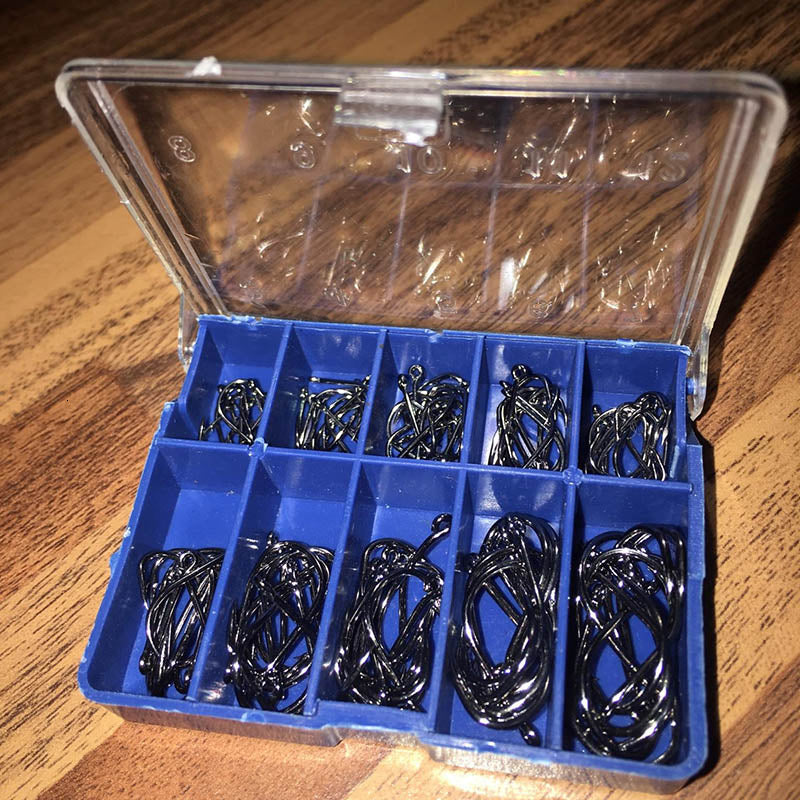 Durable 1 Set 100 Pcs 10 Sizes Black Silver Fly Fishing Hook With Hole Carp Fishing Gear Hooks Tackle Carry Box