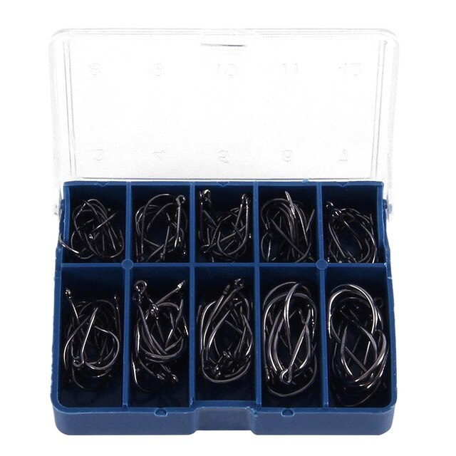 Durable 1 Set 100 Pcs 10 Sizes Black Silver Fly Fishing Hook With Hole Carp Fishing Gear Hooks Tackle Carry Box