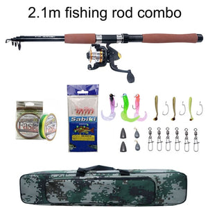 2.1m-2.7m Telescopic Fishing Rod Combo and Reel Full Kit Spinning Fishing Reel Pole set 100M Fishing Line Lures Hooks tackle